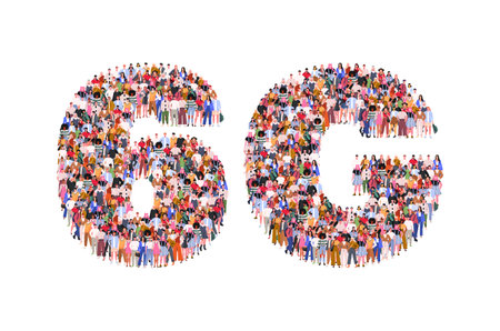 Large group of people in 6G form. A crowd of male and female characters. 6G network wireless technology. High speed wireless connection. Flat vector illustration isolated on whiteのイラスト素材