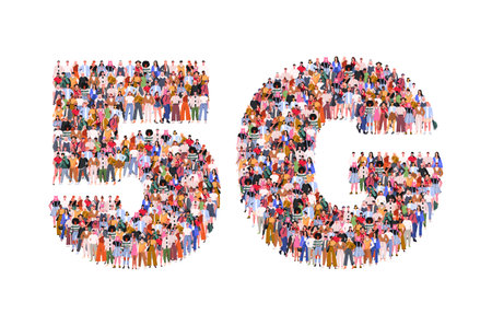5G network wireless technology. Large group of people in 5G form. New generation mobile networks and internet. Flat vector illustration isolated on white background.のイラスト素材