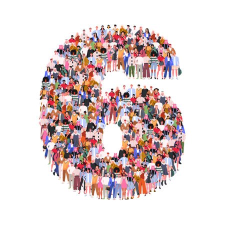 Large group of people in number 6 six form. Numbers made of people. A crowd of male and female characters. Flat vector illustration isolated on white background.のイラスト素材