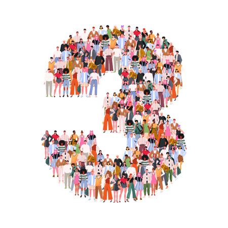Large group of people in number 3 three form. Numbers made of people. A crowd of male and female characters. Flat vector illustration isolated on white background.のイラスト素材