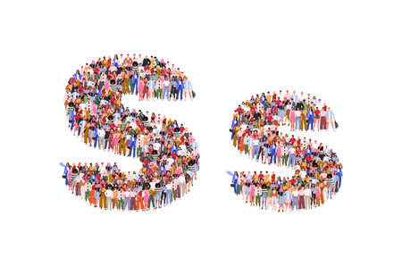 Large group of people in letter S form. People standing together. A crowd of male and female characters. Flat vector illustration isolated on white background.のイラスト素材