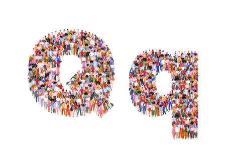 Large group of people in letter Q form. People standing together. A crowd of male and female characters. Flat vector illustration isolated on white background.のイラスト素材