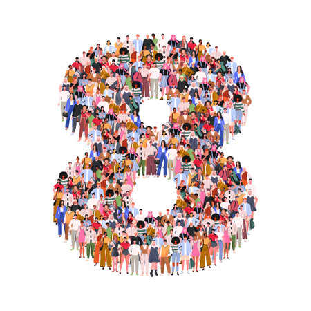 Large group of people in number 8 eight form. Numbers made of people. A crowd of male and female characters. Flat vector illustration isolated on white background.のイラスト素材