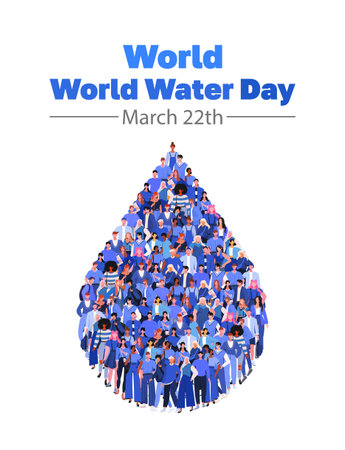 World Water Day 22 march. Large group of people in the form of water drop. Save water - ecology concept. Flat vector illustration isolated on white background.のイラスト素材