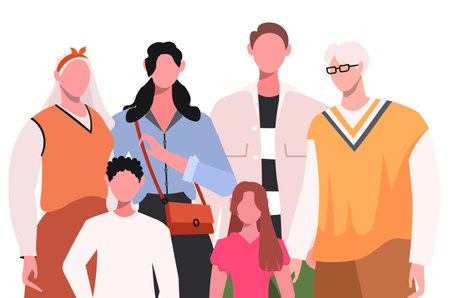 portrait happy family. Father, mother, grandfather, grandmother and children. Flat vector illustration isolated on white background.のイラスト素材