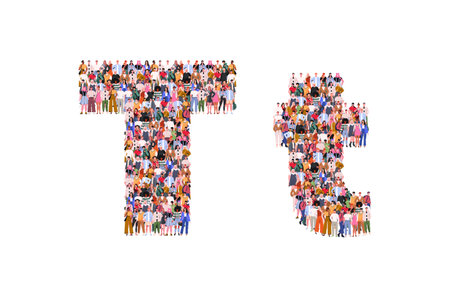 Large group of people in letter T form. People standing together. A crowd of male and female characters. Flat vector illustration isolated on white background.のイラスト素材
