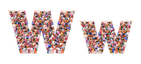 Large group of people in letter W form. People standing together. A crowd of male and female characters. Flat vector illustration isolated on white background.のイラスト素材