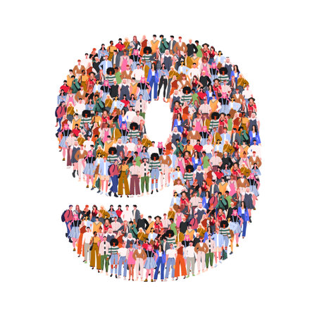 Large group of people in number 9 nine form. Numbers made of people. A crowd of male and female characters. Flat vector illustration isolated on white background.のイラスト素材