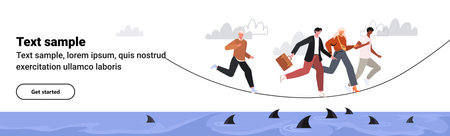 risk management. Business team running on rope over water with floating sharks. Concept business risk, search for opportunities and solving problems together.のイラスト素材