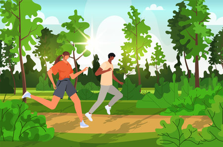 Man and woman is engaged in running around in the park. Morning jogging. Young couple spend time outdoors. Sports activity and healthy lifestyle concept.のイラスト素材