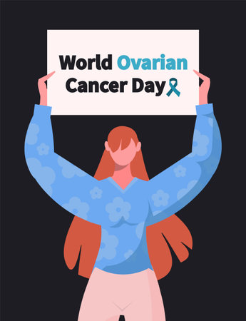A young woman holds a banner in her hands with the inscription "World Ovarian Cancer Day". women health. Flat vector illustration isolated on black background.のイラスト素材
