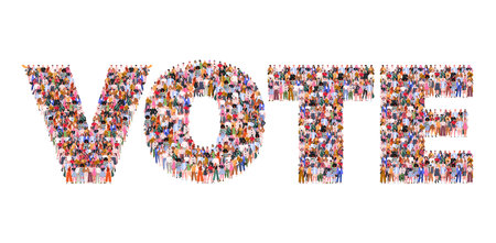 Large group of people forming Vote word. Election Campaign. Concept of Election Day, Making Choice, Balloting Paper, Democracy. People standing together. A crowd of male and femaleのイラスト素材
