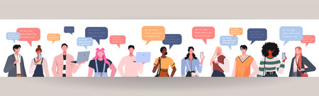 Dialogue group of diverse multiethnic multicultural standing together people talking and discussing work or project. Concept communication, discussing business, news, acquaintance.のイラスト素材