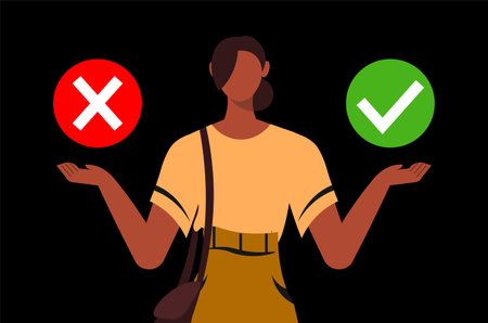 Business woman choose among yes or no answer. Decision making process, doubts, worries, dilemma. Yes and No concept. Flat vector illustration isolated on black background.のイラスト素材