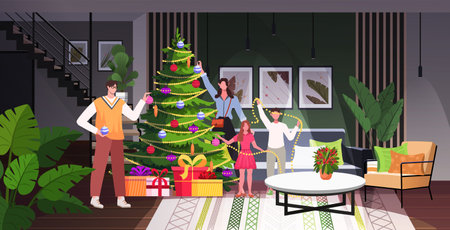Happy family spending time together and preparing for celebrating winter holidays. Mother, father, son and daughter in living room interior decorating Christmas tree with balls.のイラスト素材