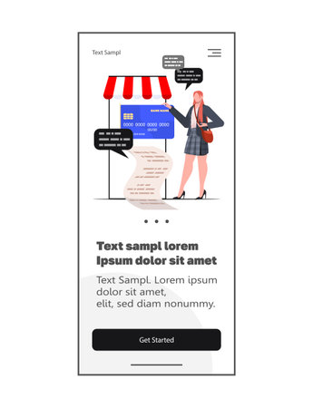 A young business woman pays for an online purchase with a card. Shopping and payments by mobile, People doing online transactions. Delivery service concept.のイラスト素材