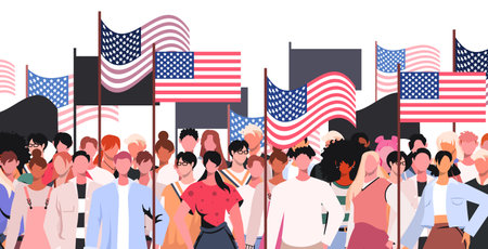 Happy 4th of July Independence Day greeting card with waving American national flags and diverse multiethnic multicultural people. Flat vector illustration isolated on white backgroundのイラスト素材