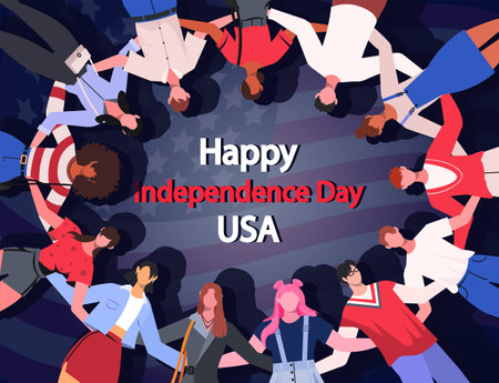 Happy Independence Day card with diverse people standing together in a circle hugging showing unity and support on USA flag background. 4th of July.のイラスト素材