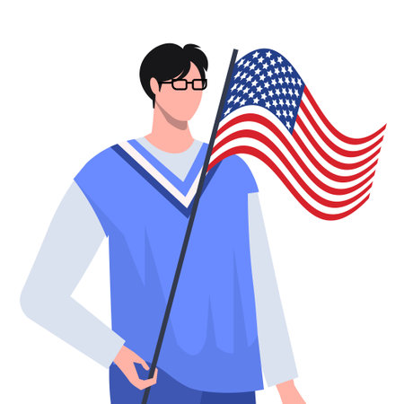 Young modern man holding USA flag in his hands. Happy Independence Day, 4th of July. Flat vector illustration isolated on white background.のイラスト素材