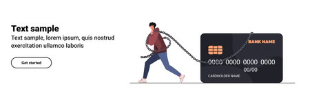 Young man wrapped in a chain pulls a credit card behind him. Debt burden concept. Financial illiteracy and debt, failure and mortgage. banner for website. flat vectorのイラスト素材