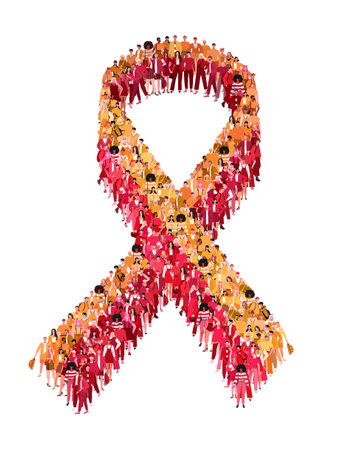 World Hepatitis Day, 28 July. Liver cancer. Large group of people form to a yellow and red ribbon. A crowd of male and female characters. Medicine and Healthcare concept.のイラスト素材