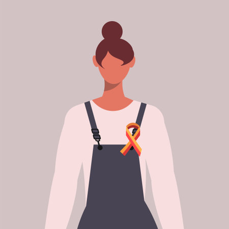 Young woman with yellow and red ribbon. World Hepatitis Day, 28 July. Liver cancer awareness month. Flat vector illustration isolated on gray background.のイラスト素材