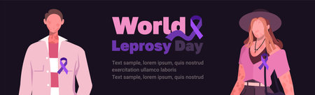 Banner in support of World Leprosy Day. Young man and woman standing with purple ribbons symbolizing awareness of the disease. The concept of health and medicine.のイラスト素材