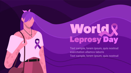 World Leprosy Day 30 January. Young modern woman with violet hair and color purple ribbon. Light purple text. Awareness, healthcare and medical concept. Modern design.のイラスト素材