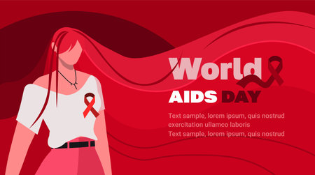 Banner for World AIDS Day. Awareness Campaign December 1. Young modern woman with red hair and red ribbon. Healthcare and medicine concept. Flat vector illustrationのイラスト素材