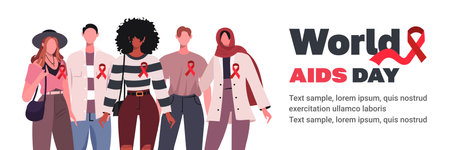 World AIDS Day. Man and woman with red ribbon. Healthcare and medical. Awareness concept. Flat vector illustration isolated on white background.のイラスト素材