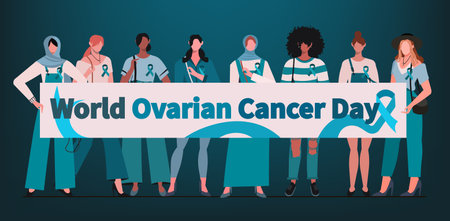 A group of diverse modern women with teal color ribbon holding a poster that reads World Ovarian Cancer Day. This image is suitable for banners, posters, social media, and templateのイラスト素材