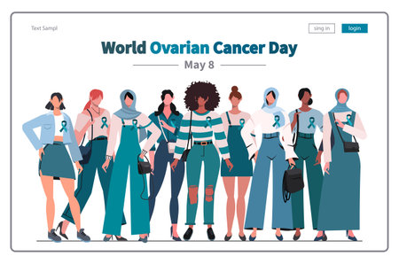 World Ovarian Cancer day observed on May 8th every year worldwide. A group of women with teal ribbons. Modern vector illustrationのイラスト素材