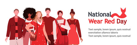 National Wear Red Day. Wear red to raise awareness about cardiovascular disease and help save lives. A group of young people in red clothes. Modern concept for website developmentのイラスト素材