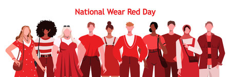 National Wear Red Day is an event aimed at raising awareness about cardiovascular disease and saving lives. Group of young people wearing red clothes. Join the cause by wearing redのイラスト素材