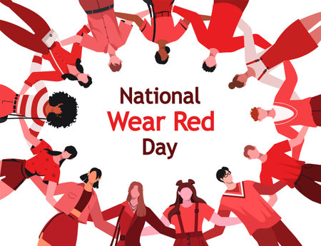 On National Wear Red Day, a group of young people wearing red clothes stood together in a circle, hugging to show their support and raise awareness about cardiovascular disease.のイラスト素材