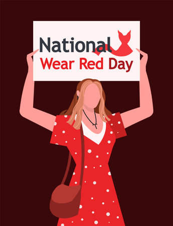 A young woman in a red dress holds a banner in her hands with the inscription National Wear Red Day. Awareness day of heart disease prevention. Medical cardiology concept.のイラスト素材