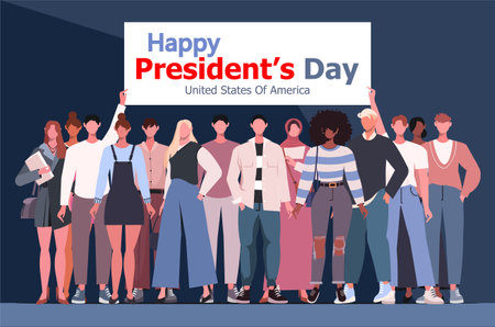 A group of modern men and women holding a poster that reads World Happy Presidents day United States Of America. People celebrate President's Day on February, a national holiday.のイラスト素材