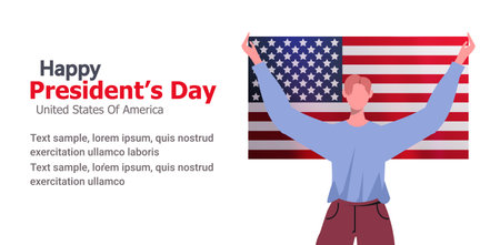 Young modern man holding American flag in his hands. Happy Presidents day. Modern concept for website development, social media, template web, banner and web internet ads.のイラスト素材