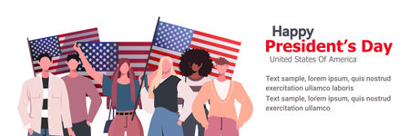 Happy Presidents day in United States banner for greeting card, website, poster, presentation, flyer, website, app. Diverse group of people standing together with USA flags.のイラスト素材