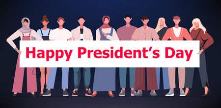 A group of diverse people holding a poster that reads World Happy Presidents day. This is a holiday greeting card celebrating President's Day in the United States of America.のイラスト素材
