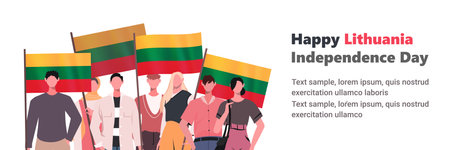 A group of modern people in casual clothes are celebrating Lithuania Independence Day while holding Lithuanian flags. Banner for greeting card, website, poster, presentation, flyerのイラスト素材