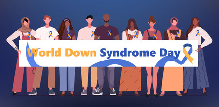 World Down Syndrome Day. Diverse people standing together in casual clothes with yellow-blue ribbons holding a poster that reads World Down Syndrome Day. Flat vector illustrationのイラスト素材