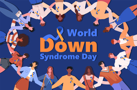 World Down Syndrome Day. A group of people stood together in a circle with yellow and blue ribbons, hugging each other to show their support for children with Down syndrome.のイラスト素材