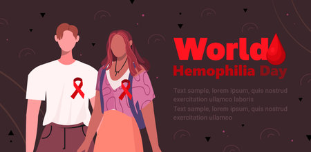 World Hemophilia Day. Portrait of a young modern man and woman with red ribbons in support of people with hemophilia. Awareness Campaign April 17. Flat vector illustrationのイラスト素材