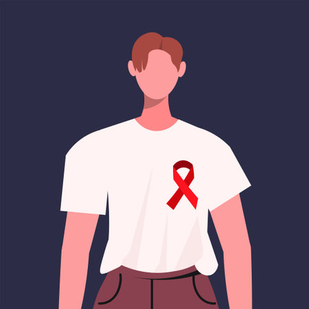 World Hemophilia Day April 17. Portrait of a young modern man with a red ribbon, support for people with hemophilia and to raise awareness. Flat vector illustrationのイラスト素材