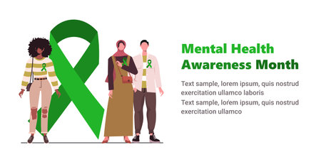 Mental Health Awareness Month. Near a green ribbon is a group of people in casual clothes with a green ribbons. Vector web banner for social media, posters, cards, and flyers.のイラスト素材