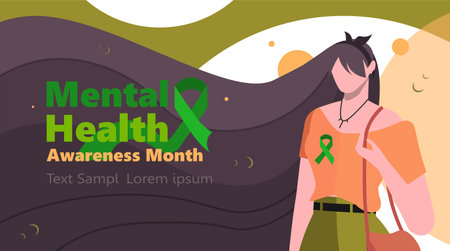 Mental Health Awareness Month. Young modern woman with brown hair and green ribbon. Healthcare and medicine concept. Colorful geometric background.のイラスト素材