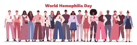 World Hemophilia Day. Diverse group of young, modern people in casual clothing with red ribbons. Medical holiday. A crowd of male and female characters standing together.のイラスト素材