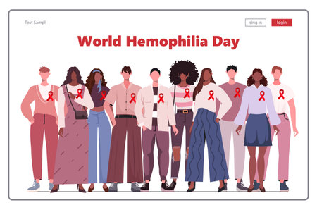 World Hemophilia Day. Different people in casual clothes standing side by side with a red ribbons. Prevention campaign. Modern concept for website development, social media.のイラスト素材