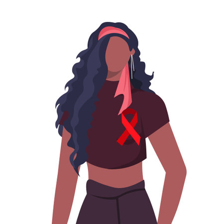 World Hemophilia Day. Portrait of a young modern African American woman in casual clothes with a red ribbon. Healthcare and medicine concept. Flat vector illustrationのイラスト素材